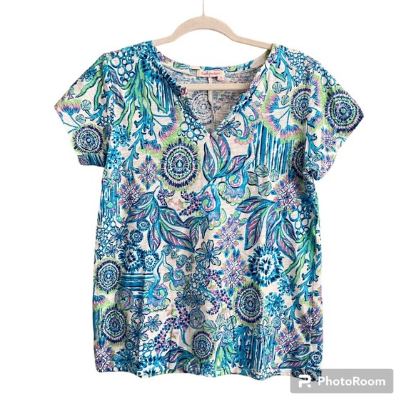 Fresh Produce Bright Print Top Coral Fish Sea Pattern Size XS Made in USA - Picture 9 of 9